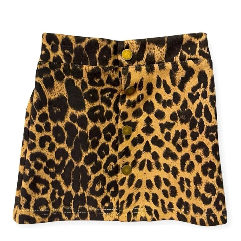 Girl’s Leopard Print Faux Suede Button Front Mini Skirt Small